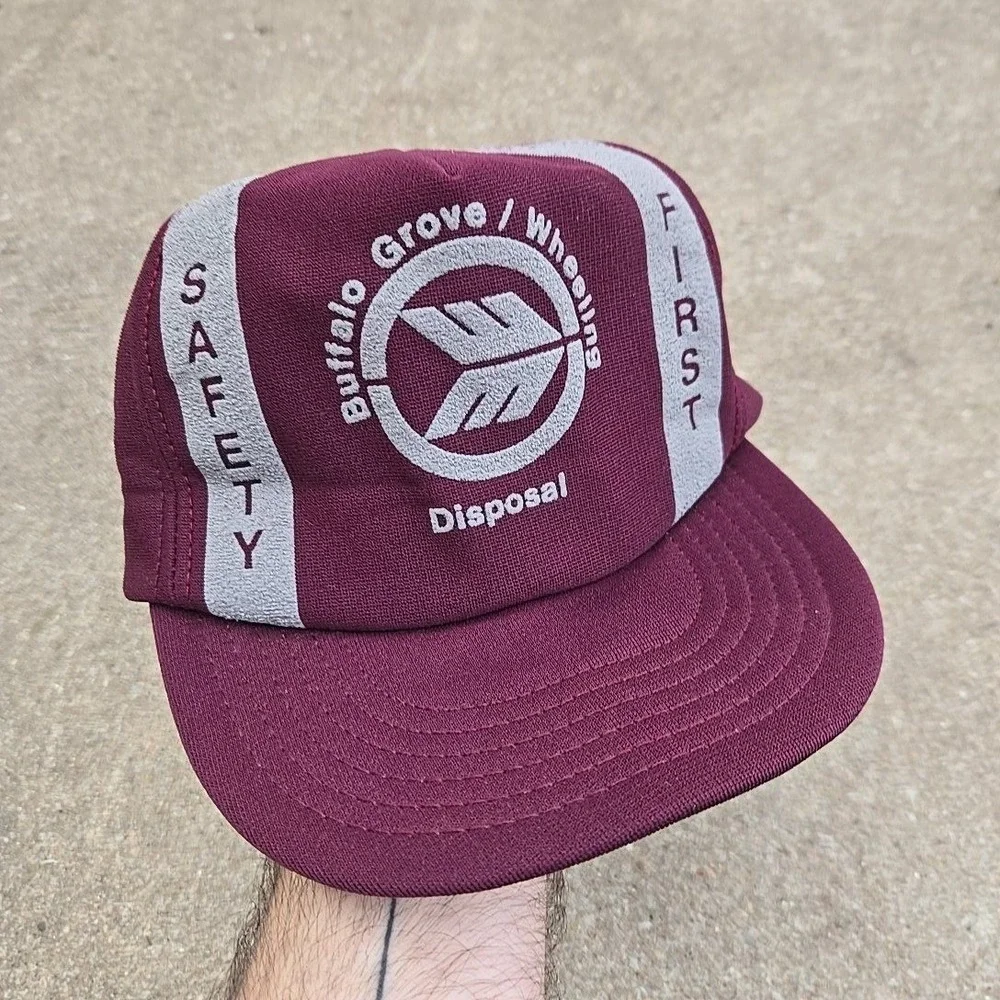 VTG SAFETY FIRST Buffalo Grove Garbage Disposal Trucker Hat Puff Prt Snapback 80